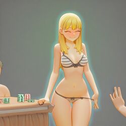 ai_generated bikini blonde_hair blush closed_eyes cute mezrus poker smile strip_poker tagme undressing undressing_self