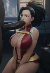 1boy 1girls 3d ai_generated asian asian_female belt big_breasts black_hair blowjob boku_no_hero_academia breasts clothed_female clothed_female_nude_male dark-skinned_male fellatio female female_focus full_body generalbutch_(style) half_naked huge_breasts indoors interracial light-skinned_female long_hair male momo_yaoyorozu my_hero_academia night on_floor on_knees oral red_clothing sexy sodaglow_artist tagme thick_thighs tied_hair
