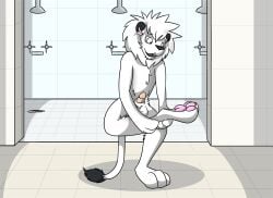 2014 animal_genitalia anthro balls bathroom biped black_nose colored felid floor fox0808 fur genitals human_to_anthro humanoid_genitalia lion male male_only mammal mane mid_transformation nude open_mouth pantherine pawpads penis pink_pawpads sheath shower solo species_transformation standing suit_transformation tile tile_floor transformation white_body white_fur