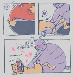 2025 anal anthro big_jim_(dog_man) blush closed_eyes comic dogman_(series) domestic_cat duo erection felid feline felis genitals grampa_(dog_man) heart_symbol hi_res hug male male/male mammal ohmeowgay overweight overweight_male penis purple_body sex