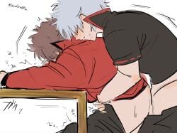 2boys anal anal_sex bent_over blush clothed_sex from_behind gay gintama gintoki_sakata hugging_from_behind implied_anal male male_only mukai00_2 no_visible_genitalia pants_down profile sakamoto_tatsuma side_view sweat table table_sex waist_grab yaoi