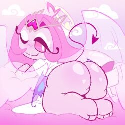 4_wings angel_wings ass ass_focus big_ass big_butt blush bottomless butt_focus cloud clouds cookie_run cookie_run_kingdom demon_tail demon_wings eternal_sugar_cookie eyelashes feet female from_behind halo headgear headwear long_hair looking_at_viewer looking_back partially_clothed pink_body pink_eyes pink_hair smile tail tirazyy topwear wings wink