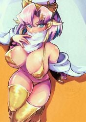 1girls breasts cape duel_monster face_mask female golden_bikini golden_week golden_week_bikini hat large_breasts looking_at_viewer nun pink_hair short_hair sitting thighhighs vanquish_soul_holy_sue yu-gi-oh!