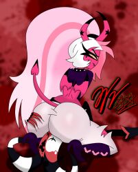 1boy 1girls 2_horns 2demons ass big_ass blitzo_(helluva_boss) clothed demon demon_boy demon_girl demon_tail facesitting fully_clothed helluva_boss horns long_hair pink_body pink_skin ponytail red_body red_skin sitting sitting_on_face sitting_on_person tail verosika_mayday_(helluva_boss) wifeyvoo wings