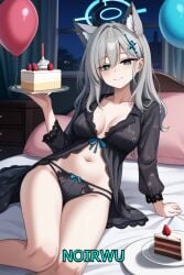 ai_generated bed birthday birthday_cake blue_archive female halo happy highres lingerie lying_on_bed mature_female medium_hair night noirwu party sexy shiroko_(terror)_(blue_archive) smile wolf_ears wolf_girl