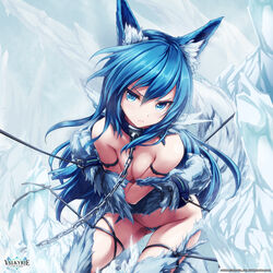 akkijin animal_ears bare_shoulders blue_eyes blue_hair bondage breast_hold breasts claws cleavage collar female fenrir_(shinkai_no_valkyrie) frown fur hair_between_eyes highres ice leash long_hair looking_at_viewer official_art paws restrained shinkai_no_valkyrie solo tail very_long_hair watermark wolf_ears