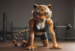 ai_generated anthro anthropomorphic beautiful breeding_request crawling feline feline_humanoid female fur furry furry_only gym gym_clothing in_heat inviting_to_sex kung_fu_panda master_tigress on_all_fours on_knees red_eyes seductive seductive_look seductive_smile sexy sexy_body sexy_pose tiger tiger_girl tigress tigress_(kung_fu_panda)