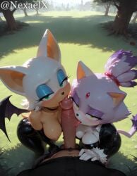 ai_generated anthro anthro_on_human big_penis blaze_the_cat blowjob breasts cock fellatio female furry high_quality highres human_on_anthro licking_penis looking_at_viewer male nexaelx nipples penis pov rouge_the_bat sonic_(series) sonic_the_hedgehog_(series) stable_diffusion
