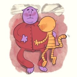 1:1 2025 anthro bed big_jim_(dog_man) blush bottomwear bulge clothing dogman_(series) domestic_cat duo erection felid feline felis furniture genitals grampa_(dog_man) hi_res male male/male mammal overweight overweight_male pants penis purple_body saurustrry shirt topwear