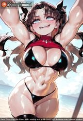 abs ai_generated alternate_breast_size armpits asmutcriminal bangs beach biceps bikini black_bikini black_hair black_legwear black_ribbon blue_eyes blue_sky blush breasts brown_hair cloud day earrings eyebrows_visible_through_hair female foreshortening hair_ribbon heart heart-shaped_pupils horizon jewelry large_breasts long_hair looking_at_viewer muscular muscular_female navel ocean open_mouth outdoors outstretched_arm reaching_out ribbon saliva selfie shirt_lift sky smile solo standing sweat swimsuit symbol-shaped_pupils tagme teeth thick_thighs thighhighs thighs tohsaka_rin toned twintails water wet