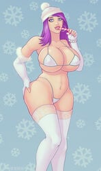 bikini blue_eyes breasts cleavage curvy devil_hs elbow_gloves female gloves lana lana_(supro) large_breasts long_hair navel original purple_hair santa_hat solo standing thighhighs underboob