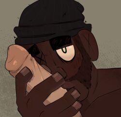 anonymous_penis beanie_hat beard black_male dark_skin demoman demoman_(team_fortress_2) eye_contact green_eyes holding_penis kissing kissing_penis looking_up_at_viewer male male/male mouth_on_penis penis plump_lips pov team_fortress_2 tf2