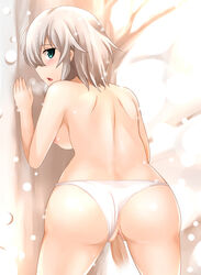 1boy absurdres against_tree anastasia_(idolmaster) ass blue_eyes blush breasts censored clothes duo female from_behind highres idolmaster idolmaster_cinderella_girls looking_back nipples open_mouth panties panties_aside penetration penis pussy sex short_hair silver_hair snow solo_focus straight tree underwear vaginal_penetration yoshimo