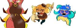 1ambiguous 2girls big_breasts breasts centipede_cookie coffee_candy_cookie cookie_run cookie_run_ovenbreak dracoarcto female pond_dino_cookie