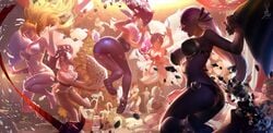 ahri akali_jhomen_tethi alternate_costume artist_request ass battle_bunny_riven clothed diana_(league_of_legends) elf feet feihong_chen female janna_windforce jinx_(league_of_legends) league_of_legends nidalee pillow pillow_fight riven sleepover soraka tagme vi zyra