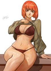 2023 bikini breasts brown_bikini brown_eyes cleavage female female_only flashing_breasts gelldraws mcdonald's mom_(japanese_mcdonald's_commercial) orange_hair pink_lips shirt shirt_lift short_hair sitting sitting_down thick_thighs thighs white_background wide_hips yoru_mac