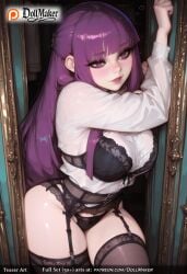 ai_generated bangs black_bra black_legwear black_panties blunt_bangs blush bra breast_press breasts dollmaker door female fern_(sousou_no_frieren) garter_belt garter_straps lace lace-trimmed_legwear lace_trim large_breasts lingerie lips long_hair long_sleeves looking_at_viewer panties parted_lips purple_eyes purple_hair see-through shirt smile solo sousou_no_frieren tagme thighhighs thighs underwear white_shirt