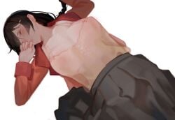 absurdres bakemonogatari black_hair braid breasts camisole closed_eyes female hanekawa_tsubasa highres large_breasts long_hair lying monogatari_(series) on_back skirt toxic_(toxicv) white_background