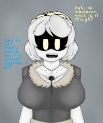 1boy 1girls 2025 2d 2d_(artwork) 2d_artwork big_breasts black_jacket breasts eyes female female_only fur_jacket glitch_productions male murder_drones nsfw ok_sign question questionable questions robot robot_girl robot_humanoid sd_loveher_(artist) shiny_body shiny_metal short_hair silver_hair text text_bubble top_heavy unseen_male_face v_(murder_drones) white_body yellow_eyes