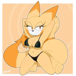 1girls animal_ears armpits arms_behind_head arms_up bikini black_bikini breasts cleavage closed_mouth fan_character female fox_ears fox_girl fox_tail full_body jeanart kneeling large_breasts long_hair mobian_(species) navel orange_eyes orange_fur sonic_(series) sonic_oc sonic_the_hedgehog_(series) stomach
