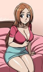 1girls bed bedroom big_breasts bleach bleach:_the_thousand-year_blood_war breasts brown_hair busty clothing curvy female female_only imminent_sex inoue_orihime long_hair puddlegoddess shiny_skin solo