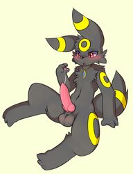 1boy black_nose blush eeveelution erection fur furry_ears furry_tail jewelry male male_only necklace nintendo open_mouth pokemon pokemon_(species) precum pvt._keron red_eyes solo tail umbreon video_games