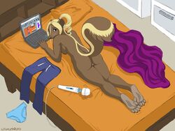 anthro ass bed blonde_hair breasts caught clothing computer female hitachi hitachi_magic_wand laptop looking_back lowlysquid lying mammal nude panties ponytail pornography pussy raised_tail salmiakki sex_toy sideboob skunk solo tied_hair toy underwear vibrator