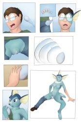 2017 absorption_vore biped black_nose blue_body blue_eyes bodily_fluids bottomwear breasts clothing colored comic damaged_clothing dripping_pussy duo eeveelution egg egg_in_pussy egg_insertion eyewear featureless_breasts female footwear gender_transformation generation_1_pokemon genital_fluids genitals glasses goo_transformation growth hand_on_ground hi_res human human_to_anthro looking_pleasured mammal membrane_(anatomy) mid_transformation mtf_transformation navel nintendo non-mammal_breasts nude open_mouth paws pokemon pokemon_(species) pussy shoes shrinking simple_background sitting sitting_on_ground size_transformation solo_focus species_transformation standing tail tail_growth tomek1000 tomek1000_(character) topwear transformation transformation_sequence unbirthing vaginal_fluids vaginal_penetration vaporeon vore webbed_hands