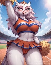 ai_assisted ai_generated anthro beak bird blush body busty camel_toe cheerleader cheerleader_outfit cheerleader_uniform close_up cute detailed facing_viewer fluffy fur furry helluva_boss holdsteady hourglass_figure large_breasts outdoors owl patreon patreon_username seductive seductive_pose sexy slim smiling standing stella_(helluva_boss) tagme tail tuft vagina voluptuous white_feathers
