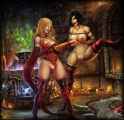 2girls big_breasts black_hair blonde_hair blood_elf bondage breasts cape dalaran dildo elf female femdom green_eyes hall_of_shadows human large_breasts long_hair mouth_gag multiple_girls navel nipples pointy_ears pussy restrained sex_toy sex_toys short_hair standing valeera_sanguinar vanessa_vancleef vempire world_of_warcraft yuri