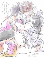 2boys alternate_costume anal anal_sex apron arms_around_neck black_legwear black_thighhighs blush brown_hair choker crossdressing gay gintama implied_anal implied_sex kimono maid maid_headdress maid_uniform male male_only masculine_crossdresser mukai00_2 no_visible_genitalia purple_hair sakamoto_tatsuma sitting sitting_on_lap sitting_on_person smile sweat takasugi_shinsuke thighhighs yaoi