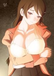 black_skirt blush bow breast_hold breasts brown_hair camisole cleavage collarbone cowboy_shot crossed_arms dated derivative_work embarrassed female hair_ornament hairclip hanekawa_tsubasa huge_breasts huumoon juliet_sleeves kizumonogatari long_hair long_sleeves looking_at_viewer monogatari_(series) open_clothes open_shirt pleated_skirt puffy_sleeves red_eyes school_uniform sidelocks signature skirt solo white_camisole