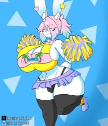 anthro bulge bunny_boy bunny_ears busty busty_boy cheerleader cheerleader_outfit cheerleader_uniform cock f_e_ huge_breasts large_ass legs_up peanut_butter_(theycallhimcake) penis penis_bulge pink_eyes pink_hair pom_poms ponytail skirt smile smiling smiling_at_viewer standing standing_on_one_leg stockings theycallhimcake thick_thighs