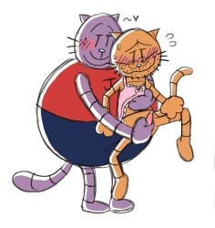 2025 anthro big_jim_(dog_man) blush clothed clothing crossdressing dogman_(series) domestic_cat duo erection eyewear felid feline felis genitals glasses grampa_(dog_man) handjob hi_res male male/male mammal ohmeowgay overweight overweight_male penile penis sex shirt simple_background topwear white_background