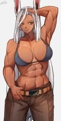 2023 abs arm_up armpits blue_bra boku_no_hero_academia bra brown_body brown_pants brown_skin gelldraws hand_in_hair long_hair miruko muscular muscular_female my_hero_academia rabbit_ears red_eyes rumi_usagiyama white_background white_hair