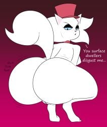 2020 anthro ass big_butt big_tail black_eyes black_eyeshadow blue_sclera breasts cheek_tuft clothing dialogue digital_drawing_(artwork) digital_media_(artwork) domestic_cat english_text eyeshadow facial_tuft felid feline felis female fur genitals gradient_background hat headgear headwear hi_res huge_butt looking_back makeup mammal maroon_background mechaclank nipples onomatopoeia pink_inner_ear pink_nose purrue_(mechaclank) pussy red_top_hat shaking_butt simple_background solo sound_effects tail text thick_thighs top_hat tuft twerking unimpressed white_body white_ears white_fur white_tail white_text