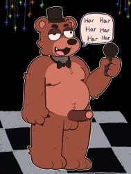 animatronic anthro balls bear belly biped bow_tie brown_body brown_fur checkered checkered_floor clothing electronics erection five_nights_at_freddy's fnaf freddy_(fnaf) freddy_fazbear fur genitals hat headgear headwear hi_res humor lazy_eye machine male mammal meme microphone nighttime_fishy overweight overweight_anthro overweight_male penis robot scottgames silly_face slightly_chubby solo speech_bubble text top_hat