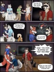 animal_genitalia ass balls bottomless canid canine clothed clothing comic english_text erection genitals hi_res hotel_room male mammal nude penis procyonid profanity raccoon room_party sheath sunitai text