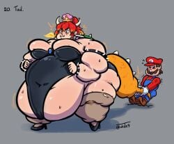 1boy 1girls bbw belly big_belly black_outfit blue_overalls bowsette breasts clothing crown duo enormous_belly enormous_thighs eyes_closed facial_hair fat fat_belly fat_female female gigantic_belly gigantic_thighs gloves grabbing_tail hat horns huge_belly huge_thights human humanoid humanoid_female humanoid_male large_belly large_thighs larger_female light-skinned_female light-skinned_male light_skin long_tail male male/female mammal mario mario_(series) morbidly_obese morbidly_obese_female mustache nintendo obese obese_female overalls overweight overweight_female red_bowsette red_hat red_shirt size_difference smaller_male ssbbw struggling tail thick_thighs thighs thunder_thighs vhite9 white_gloves