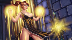 1girls 2015 blood_elf bottomless_skirt breasts brown_hair dress elf female female_only green_eyes lady_liadrin magic medium_breasts nipples no_panties personalami pointy_ears ponytail pussy skirt skirt_lift solo standing tied_hair world_of_warcraft