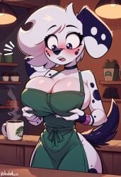 101_dalmatian_street 101_dalmatians ai_generated anthro big_breasts canid canine canis coffee coffee_shop dalmatian disney domestic_dog female large_breasts looking_at_breasts looking_down starbucks vanny_(101_dalmatians) vanny_(whistlerarts29)