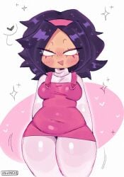 asian_female belly belly_button_visible_through_clothing blush clothed friday_night_funkin hairband hands_behind_head hips_wider_than_shoulders kawooshy long_eyelashes looking_at_viewer nene_(newgrounds) newgrounds pico's_school purple_hair shiny sweater tummy turtleneck