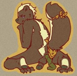 anthro bandanna_on_tail black_body black_fur claws erection feces feet foreskin fur genitals hair hindpaw kerchief kerchief_only kneeling looking_at_viewer male male_only mammal mephitid obrien_(artist) pawpads paws penis pooping_on_floor pooping_on_self scatplay skunk soles solo solo_male striped_body stripes telegram_sticker uncircumcised white_body white_fur