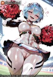 ai_generated asmutcriminal bangs blue_hair blush breasts building cheering cheerleader closed_eyes covered_navel eyebrows_visible_through_hair female flying_sweatdrops hair_between_eyes holding impossible_clothes large_breasts medium_breasts no_panties open_mouth plugsuit pom_pom_(cheerleading) see-through shiny short_hair skirt smile solo sweat tagme thick_thighs thighs