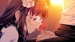 1boy alternate_costume black_hairband black_pants black_ribbon blush brown_hair censored clothed_sex collar enmaided erection eyebrows_hidden_by_hair faceless faceless_male fellatio female fingernails flower frilled_collar frills from_side fumio_(ura_fmo) furrowed_brow game_cg glasses grisaia_(series) grisaia_no_meikyuu hair_flower hair_ornament hair_ribbon hairband half-closed_eyes handjob kazami_yuuji kneeing licking licking_penis long_eyelashes long_fingernails long_hair long_sidelocks looking_at_penis maid male mosaic_censoring narrowed_eyes non-web_source official_art open_fly oral pants penis penis_out portrait profile purple_eyes red_eyes ribbon rimless_eyewear round_eyewear saliva saliva_on_penis saliva_trail shirt sidelocks sitting straight sunset tachibana_chizuru_(grisaia) thick_eyelashes tongue tongue_out white_flower white_shirt