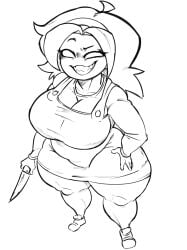 asian_female breasts breasts_bigger_than_head cleavage female friday_night_funkin hairband hand_on_hip hips_wider_than_shoulders knife looking_at_viewer looking_up looking_up_at_viewer monochrome nene_(newgrounds) newgrounds pegaka_(artist) pico's_school smug