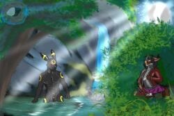 animal_genitalia bath being_watched canid canine cor1998l eeveelution female fox generation_2_pokemon genitals half_submerged looking_at_another male mammal masturbation moon mxf night nintendo pokemon pokemon_(species) sheath umbreon