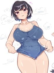:3 blush breasts cloud cloudy_sky female hanekawa_tsubasa heart large_breasts lifting_own_clothes multicolored_hair navel otaichiichi outdoors purple_eyes school_swimsuit seductive_gaze shiny_skin short_hair sky swimsuit thighs two-tone_hair water_drop wet