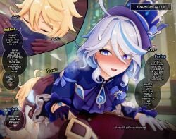 1boy 1girls 3d actuale aether_(genshin_impact) ass ass_grab blush blushing_female butt_grab closed_eyes concerned dialogue enjoying_farts facesitting fart fart_cloud fart_fetish fart_sniffing farting farting_in_face farting_on_another farting_on_face female furina_(genshin_impact) genshin_impact hat hoyoverse koikatsu lying lying_on_person male mihoyo sniffing sniffing_ass sniffing_farts straight white_hair