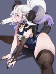 1boy agneia_(sunsal) femboy gay girly horns male one_piece_swimsuit painted_nails popsicle popsicle_in_mouth red_eyes school_swimsuit seductive sunsal swims tail thick_thighs thighs trap white_hair